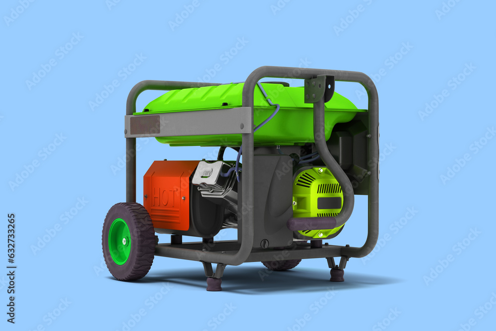 Modern compact electrical generator perspective back and left side view 3d render on blue Modern compact electrical generator perspective back and left side view 3d render on blue