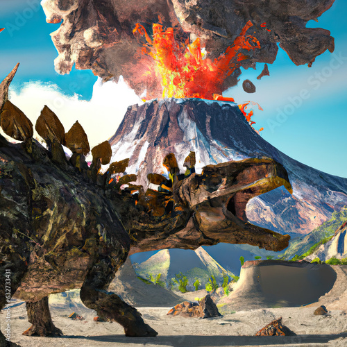 stegosaurus with erupting volcano in background. photo