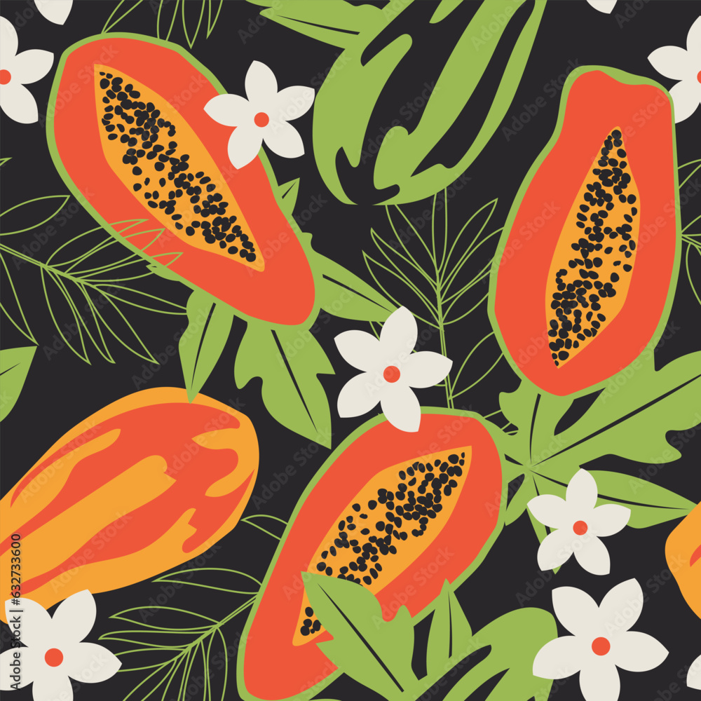 Papaya with leaves seamless pattern on black background. Hawaiian fruits for fashion fabrics, textiles, decorative pillows. Vector. Papaya with leaves seamless pattern on black background. Hawaiian fruits for fashion fabrics, textiles, decorative pillows. Vector.