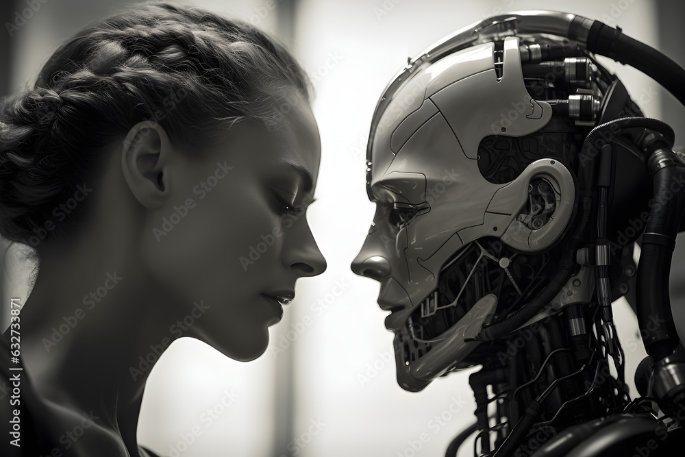 Woman and humanoid robot being close and having intensive feelings for each other, human machine interaction Woman and humanoid robot being close and having intensive feelings for each other, human machine interaction