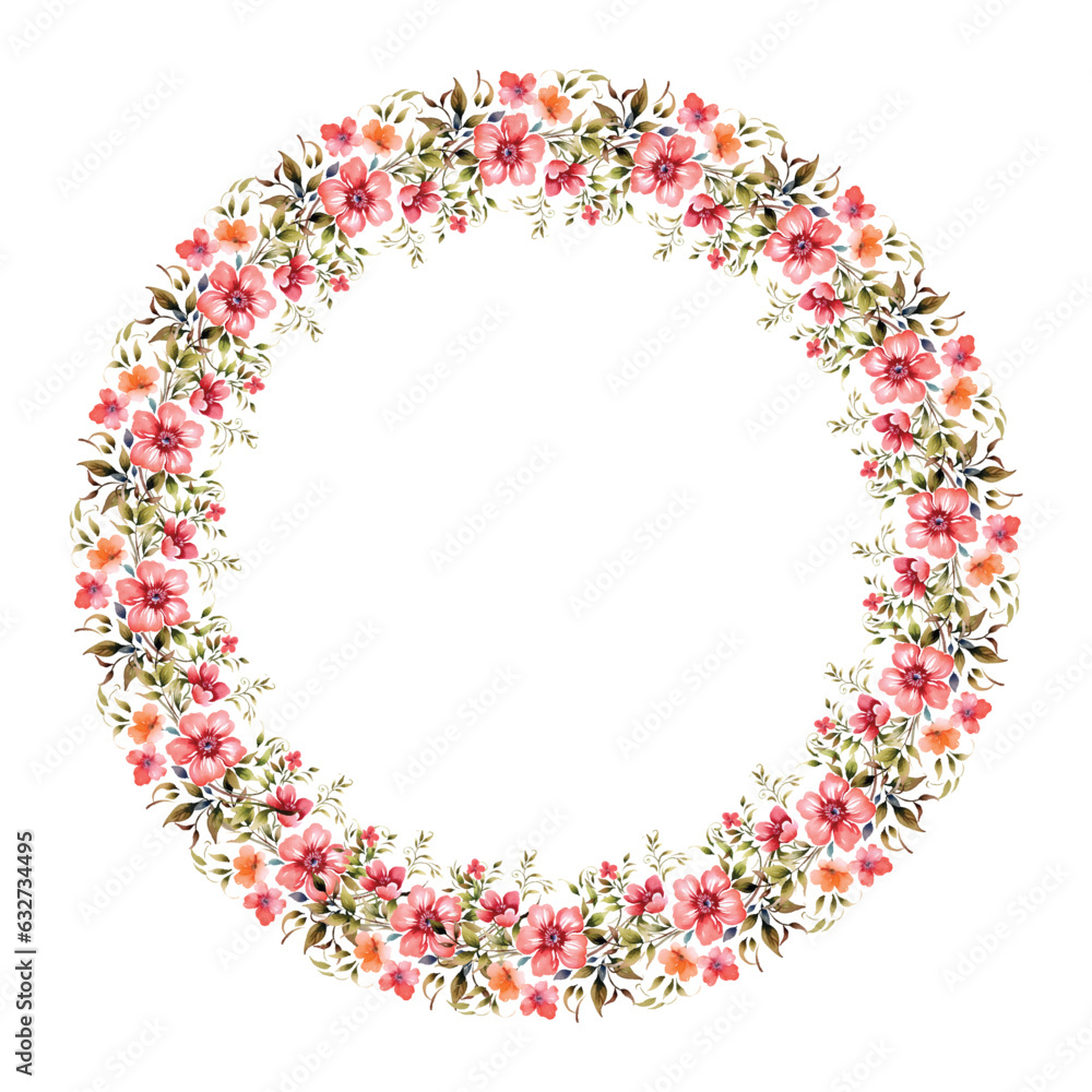 Wreath with colorful flowers, leaves and branches in vintage watercolor style. Vector circle frame