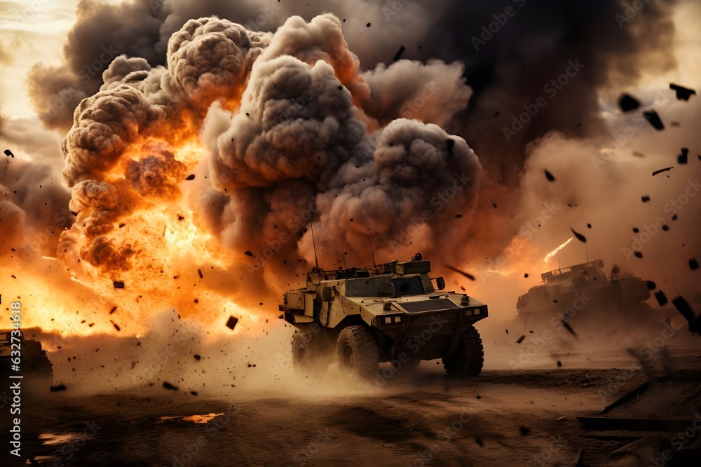 Military truck vehicle escaping explosion, action battle game cover with smoke, dust and explosions	