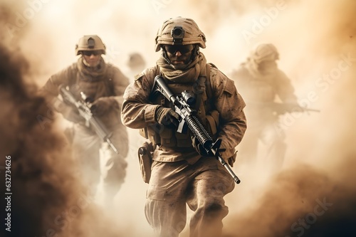 Military soldier squad battle scene, action shooter battle game cover with smoke, dust and explosions 