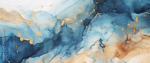Panel kuchenny z motywem Marble ink abstract art background. Luxury abstract fluid art painting in alcohol ink technique, mixture of blue, orange and gold paints. AI generative
