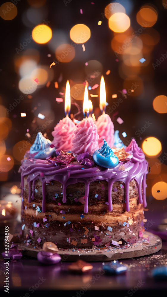 Yummy cake with colorful candles for a birthday celebration