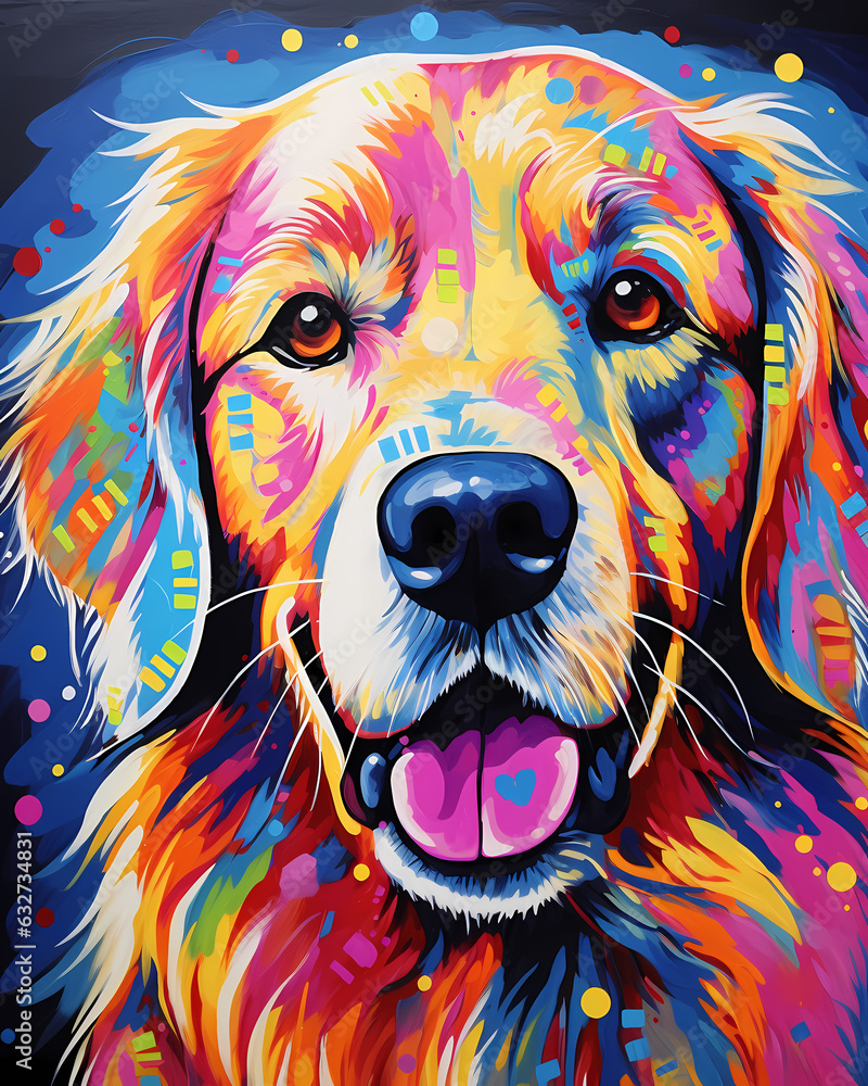 colorful portrait labrador, golden retriver, abstrat illustration, design, art, animal, colorful, wallpaper, cartoon, color, texture, symbol, graffiti