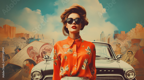 60s retro style woman fashion portrait, old car, woman, car, fashion, people, person, vintage, beauty, model