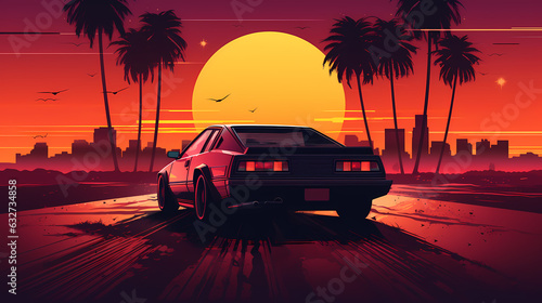 60s 70s 80s car retro design with sports car and sunset view. cyberpunk style, road, vehicle, auto, automobile, sky, beach, drive, travel, speed, fast, driving, sunset, landscape, motion, highway