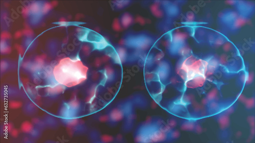 Division of a cell, mitosis concept. Cell division. Biology concept. Cell division under the microscope.  3d illustration photo