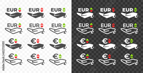 Hand and european euro, EUR with up and down arrow currency exchange rate vector design. Foreign currencies and exchange rates value graphic design. Currency trade chart icons