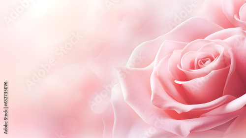 Fototapeta Naklejka Na Ścianę i Meble -  Horizontal banner with rose of pink color on blurred background. Copy space for text. Mock up template 