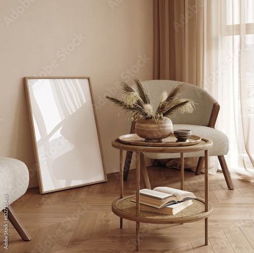 Photographie Home mockup, living room in Japandi style, 3d render