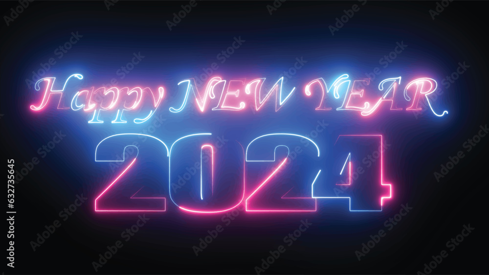 Neon bright text Happy New Year 2024. Lettering text for Happy New Year. Holiday design for flyer, greeting card, banner, celebration poster, party invitation or calendar.