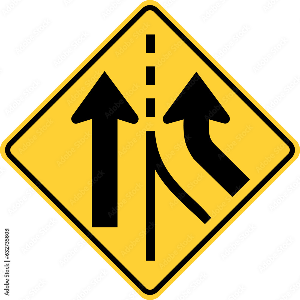 Vector graphic of a usa added lane right highway sign. It consists of two black merging from the right within a black and yellow square tilted to 45 degrees Vector graphic of a usa added lane right highway sign. It consists of two black merging from the right within a black and yellow square tilted to 45 degrees