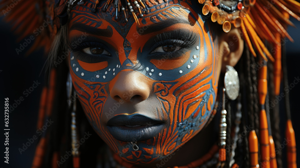 Close-up portrait of a beautiful African tribal woman with face art in Joal-fadiouth, Senegal, Africa. Close-up portrait of a beautiful African tribal woman with face art in Joal-fadiouth, Senegal, Africa.