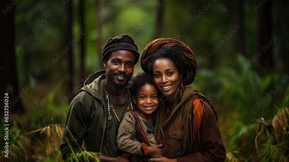 Portrait of a happy African family with a child in the forest Matemwe, Zanzibar.