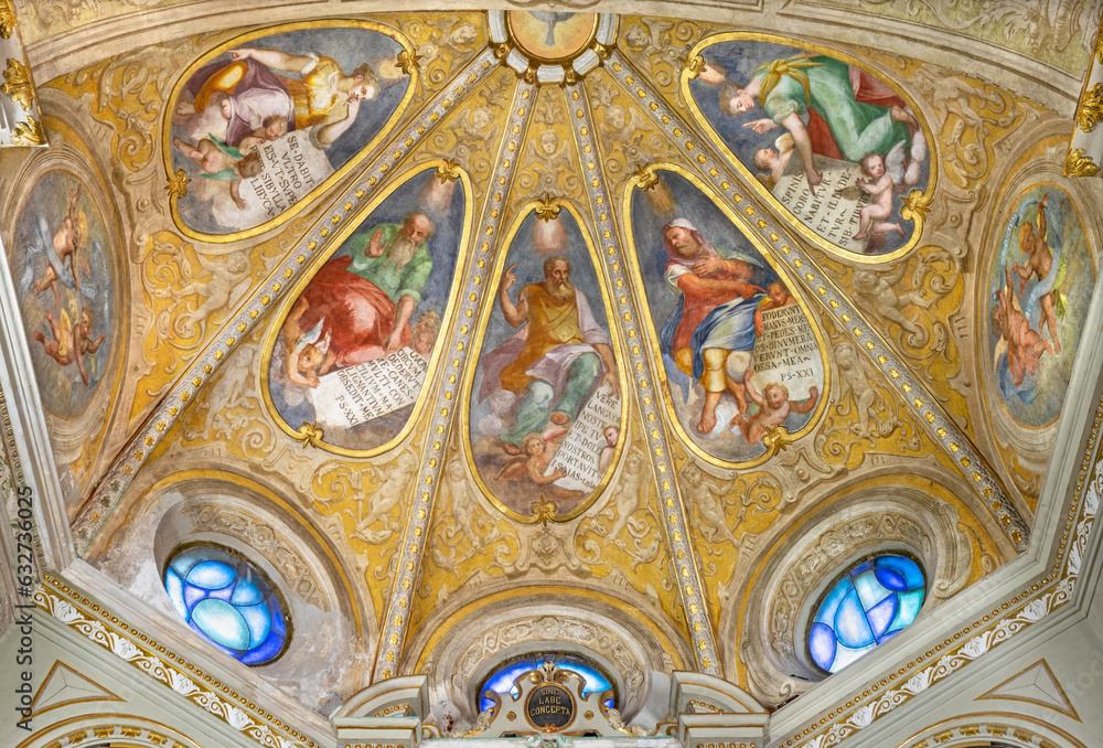 GENOVA, ITALY - MARCH 6, 2023: The fresco of prophets and sybilas in church Chiesa di Santa Caterina by Pantaleo Calvi from 16. cent. 