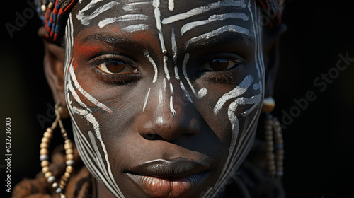 Close-up portrait of a beautiful african tribal woman with black skin and face painted with white paint. Ruhija, Uganda. photo