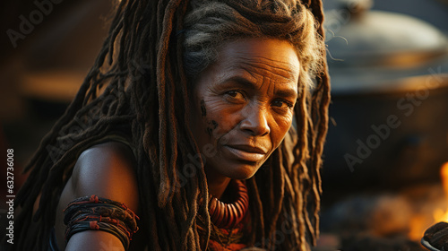Portrait of an African woman with dreadlocks in the village Himba tribe in Namibia.