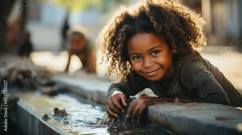 Portrait of a cute little african girl drinking water from the watering hole in Saint Louis, Senegal, Africa.