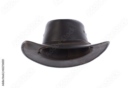vintage black leather cowboy hat isolated on white background