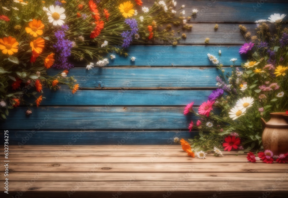 Fototapeta premium Wildflowers and wooden table background
