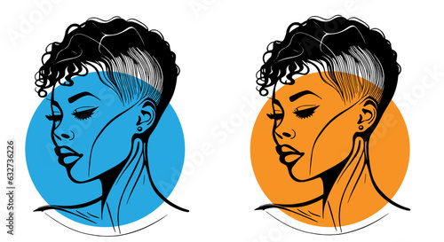 The face of a beautiful black girl with a short haircut. Vector illustration, logo, outline. orange and blue circle