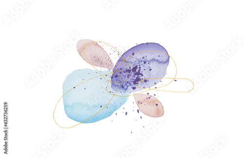 Abstract texture Watercolor flower with drops and doodle gold line elements on white background.