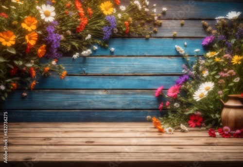 Wildflowers and wooden table background