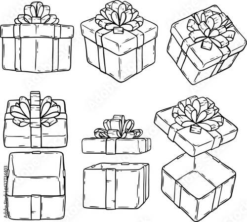 Hand drawn gifts silhouette collection. Doodle illustrations present box with ribbons. Christmas gift symbols isolated on white