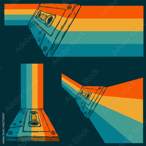 Retro audio cassette and stripes 80s, 70s, 60s music sound tape, hand drawn vector colorful background
