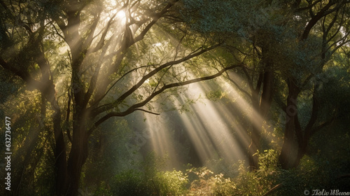 Photograph rays of sunlight streaming through a canopy of trees, enhancing the beams with light textures. The bokeh effect adds a dreamy and ethereal quality. 