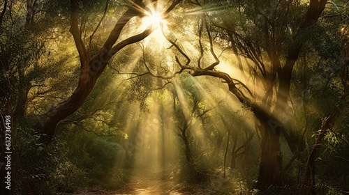 Photograph rays of sunlight streaming through a canopy of trees, enhancing the beams with light textures. The bokeh effect adds a dreamy and ethereal quality. "Sunbeam Symphony, Te 