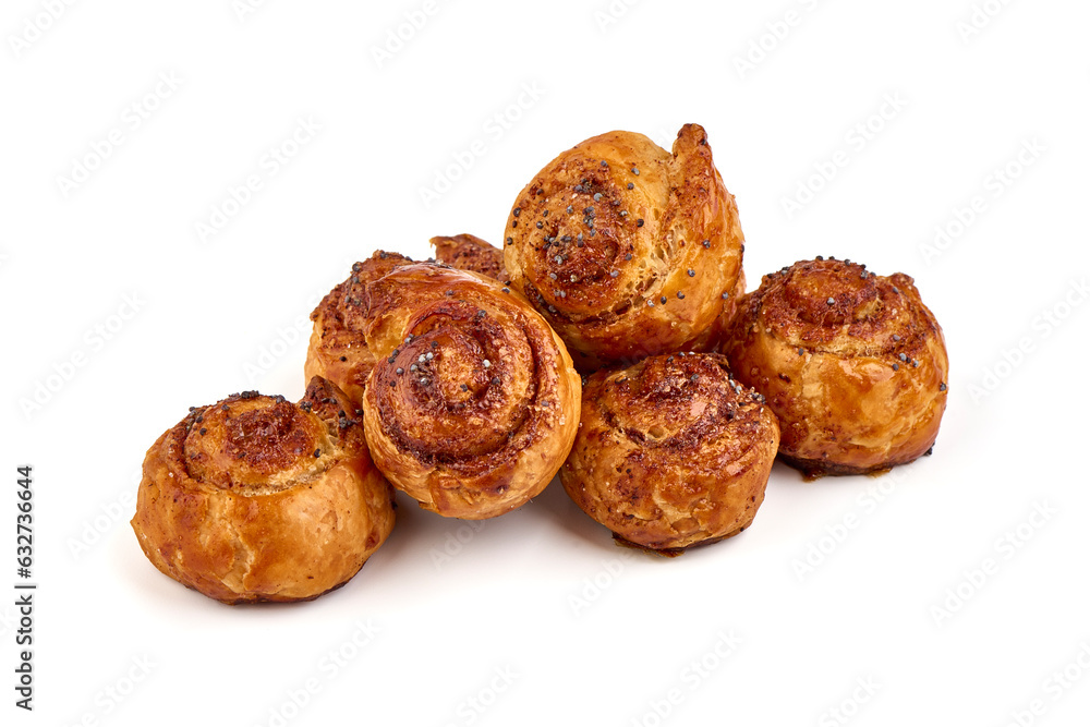 Sweet cinnamon rolls, close-up, isolated on white background. Sweet cinnamon rolls, close-up, isolated on white background.