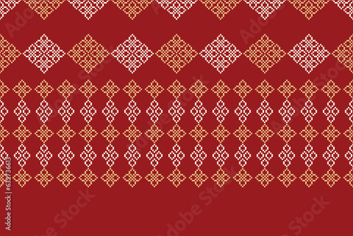 Ethnic geometric fabric pattern Cross Stitch.Ikat embroidery Ethnic oriental Pixel pattern red background. Abstract,vector,illustration. Texture,clothing,frame,decoration,motifs,silk wallpaper.