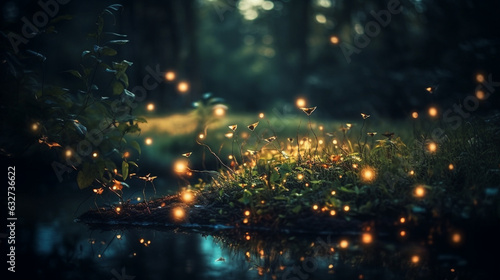 Photograph a serene landscape with fireflies floating in the air. Use textures to enhance their soft glow and create a dreamlike ambiance. The bokeh effect adds a sense of enchantm 