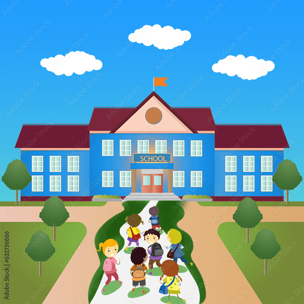 Illustration of Happy young children backing to school