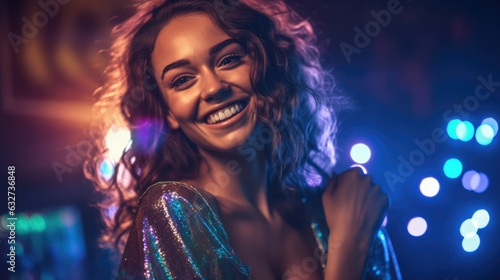 Disco party girl, music dancing entertainment woman ob colorful background