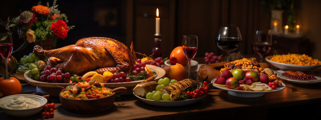 Thanksgiving table. Roasted turkey garnished with cranberries on a rustic style table decoraded with pumpkins, gourds, asparagus, brussel sprouts, baked vegetables, pie, flowers, and candles.