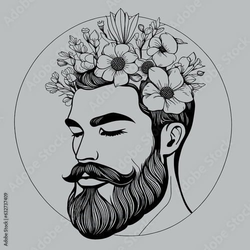 portrait of a handsome bearded man with flowers on his head. Vector illustration, line art