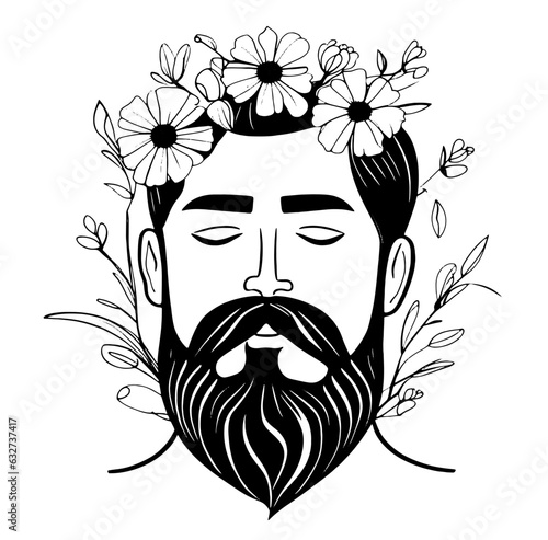 portrait of a handsome bearded man with flowers on his head. Vector illustration, line art