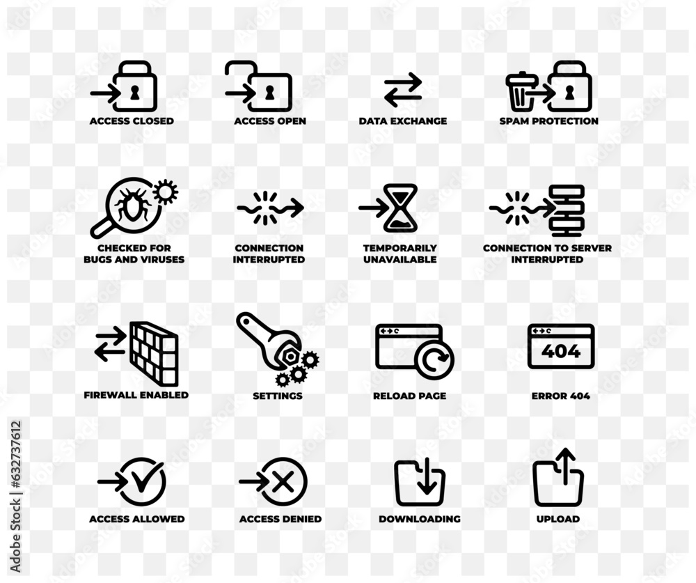 Set of computer web icons, internet and network, linear graphic design. Technology, innivation, server, hosting, cyber security and data protection, vector design