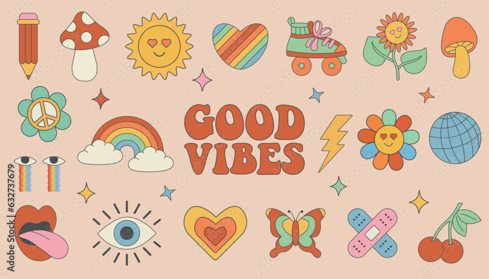 Collection of vintage groovy elements and characters. Retro character, hippie 70s style, psychedelic mushrooms, flowers, rainbow, heart, butterfly, rollers. Vintage vector set