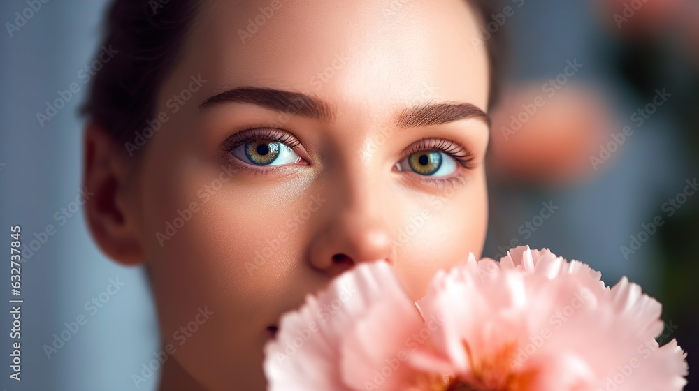 Close-up portrait of a woman with a pink peony near her face. Close-up portrait of a woman with a pink peony near her face.