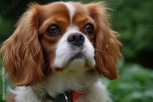 A picture of King Charles' cavalier dog is set against hazy green grass. Generative AI