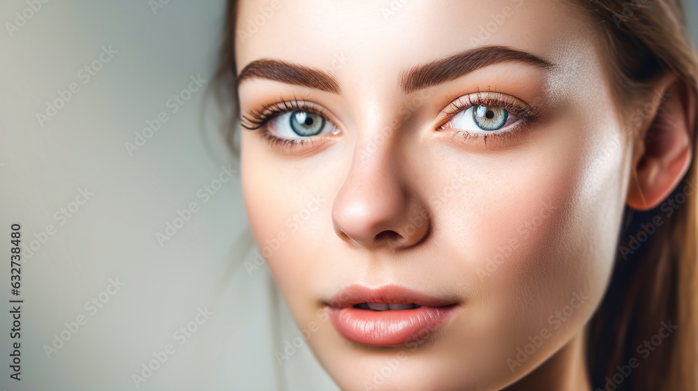 Close-up portrait of a young woman with clean skin looking directly into the lens on a light background. Close-up portrait of a young woman with clean skin looking directly into the lens on a light background.