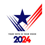 USA Presidential Election 2024. Check mark vote. USA star with american flag colors and symbols. Voting Day 2024 Election in USA, Political election campaign emblem logo