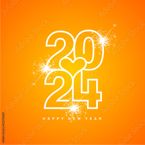 Love 2024 Happy New Year 2024 beautiful love heart white modern line design typography logo yellow orange background greeting card