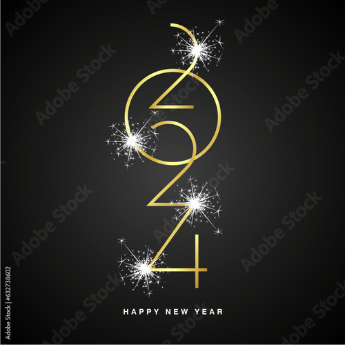 2024 event Happy New Year abstract space oddity numbers typography logo white sparkler firework gold on black background