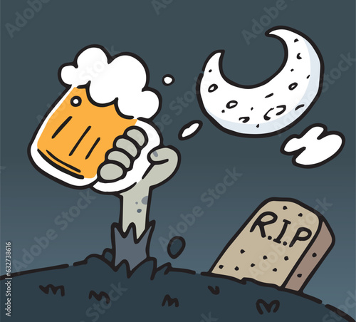 Zombie hand holding a beer rising out of a grave Scary at cemetery background. vector illustration